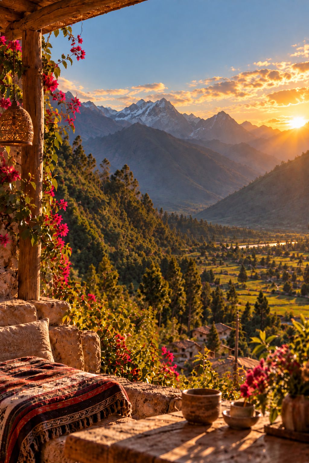 Rustic flower-covered terrace overlooking a mountain valley and snow-capped peaks at golden hour.